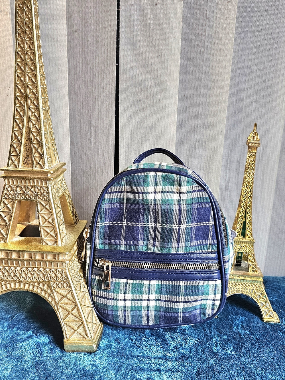Plaid Mini Backpack - Blue & Green